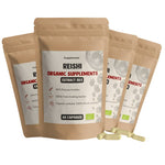 Cupplement Reishi Extract supplement bottles with 60 capsules, featuring label details and a natural health product display.