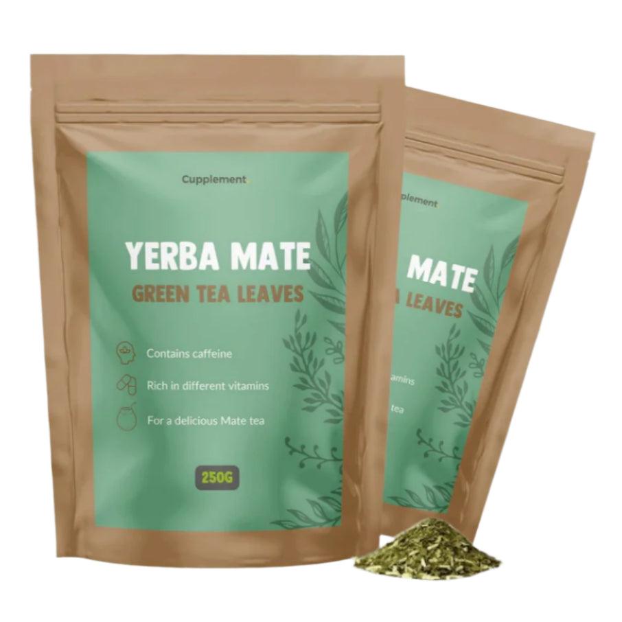 CUPLEMENT Yerba Mate tea leaves in a 250g package, showing dried green tea leaves for brewing traditional herbal tea.