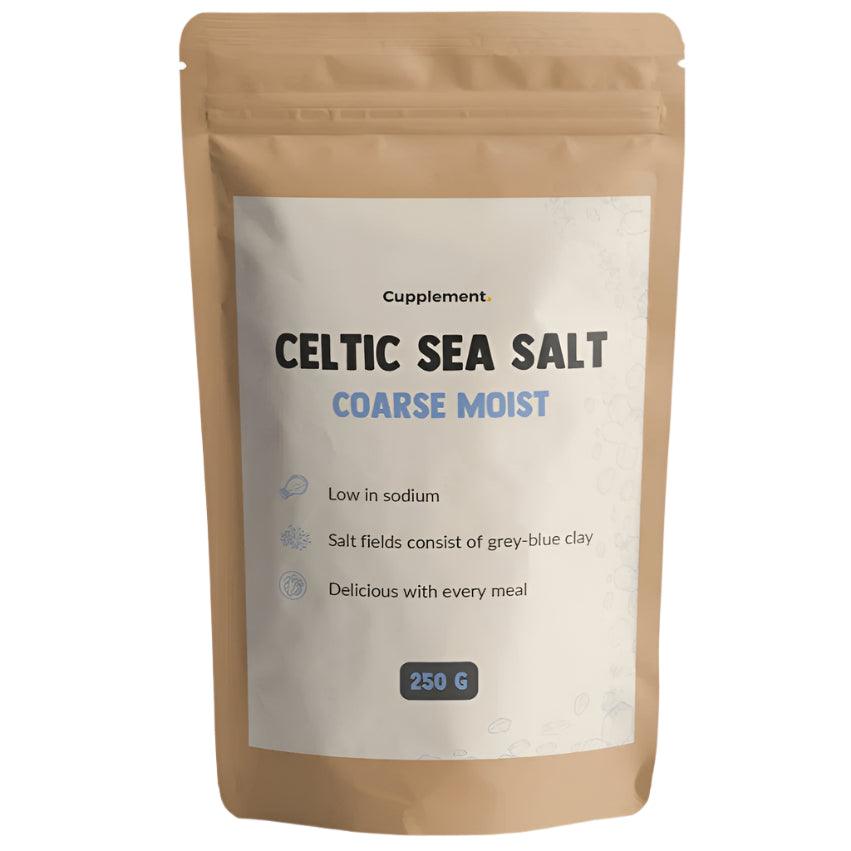 Cupplement Celtic sea salt in a 250g package, showing coarse, natural mineral-rich salt crystals on a white background.