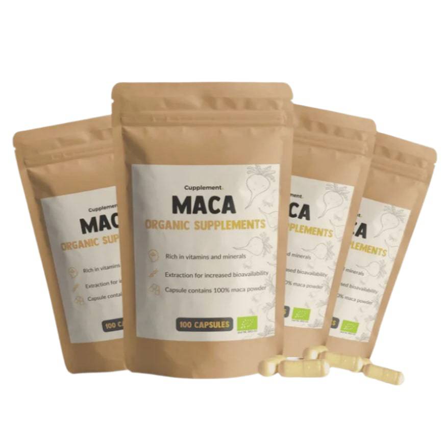 Organic Maca capsules by CUPLEMENT, superfood supplement, 500 mg per capsule, 100 capsules visible in the image.