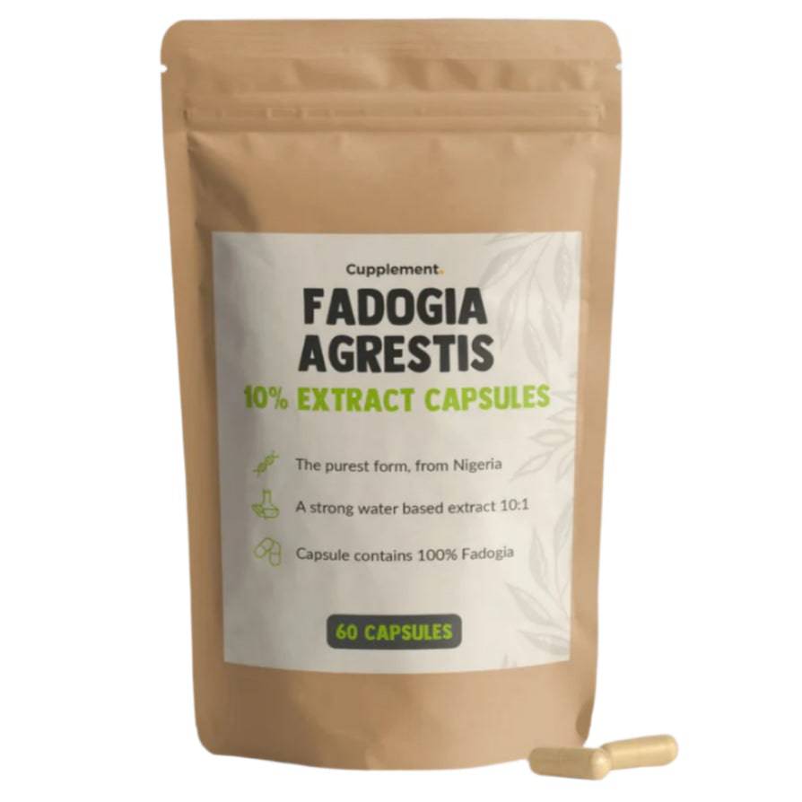 Cupplement Fadogia Agrestis extract superfood capsules, 60-count, showing the supplement bottle and label.