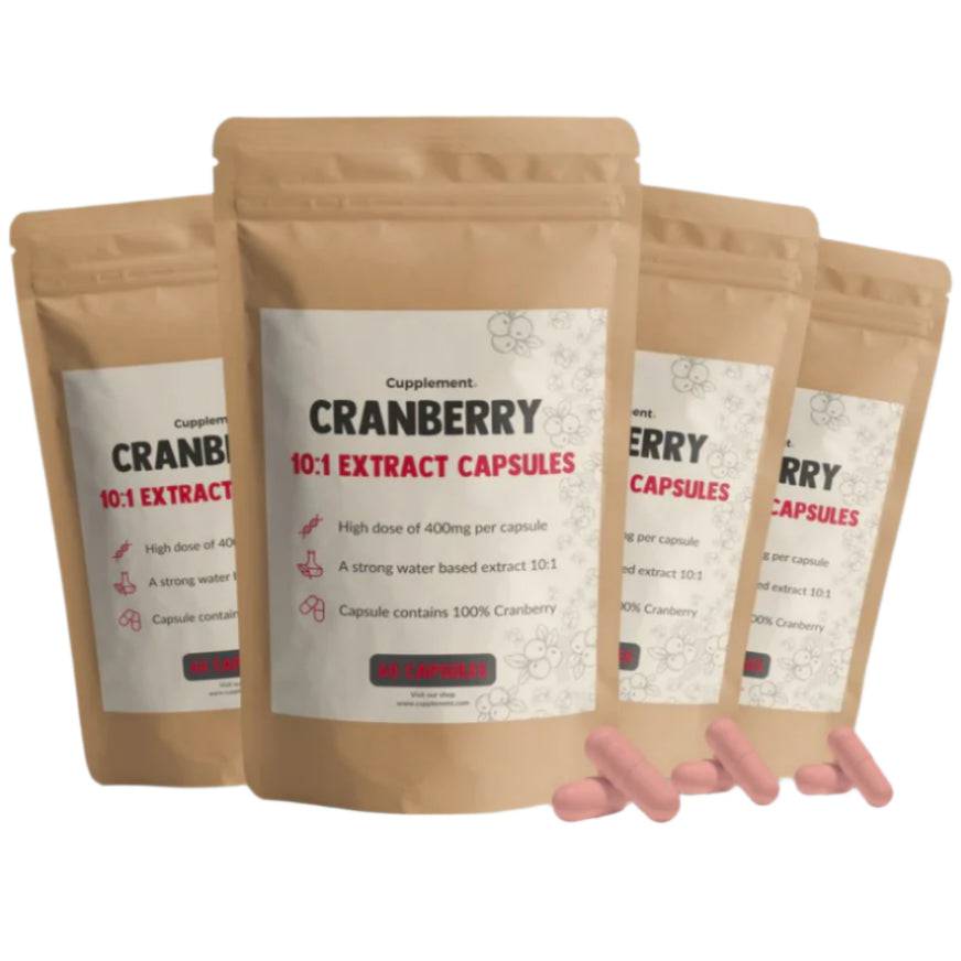 Cupplement Cranberry Extract Capsules, 400 mg superfood supplement in a bottle with 60 capsules visible.