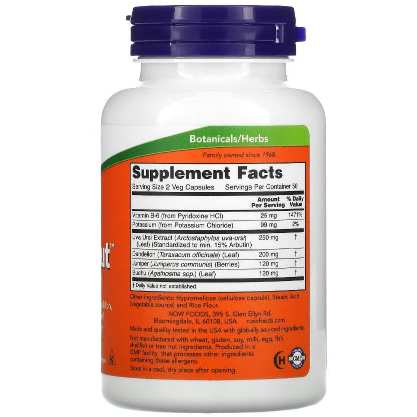 NOW Foods Water Out fluid balance supplement in 100 vegetable capsules, showing the supplement bottle with label.