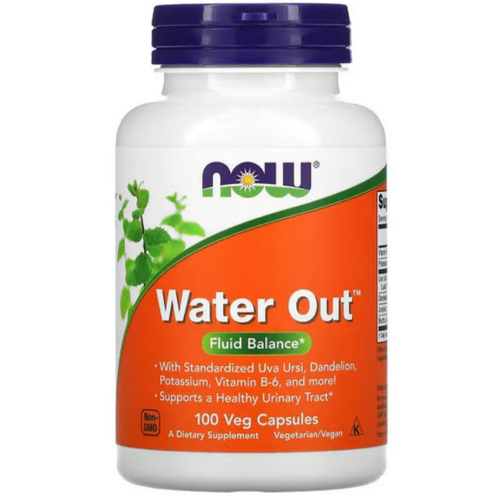 NOW Foods Water Out fluid balance supplement in 100 veggie capsules, natural herbal supplement for hydration support.