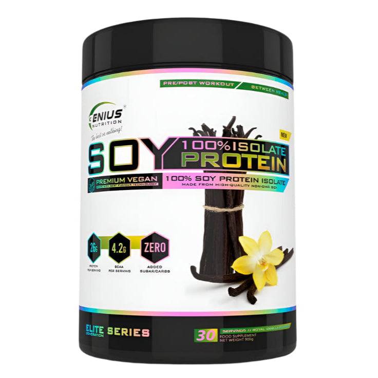 Genius Nutrition soy protein isolate powder in a 900g container, ideal for muscle building and protein supplementation.