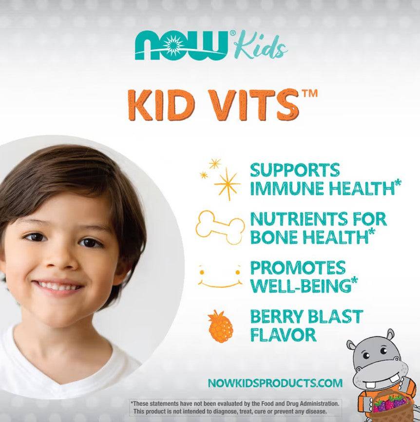 Now Foods Kid Vits Berry Lemonade chewable supplement in a colorful bottle, designed for children's nutritional support.
