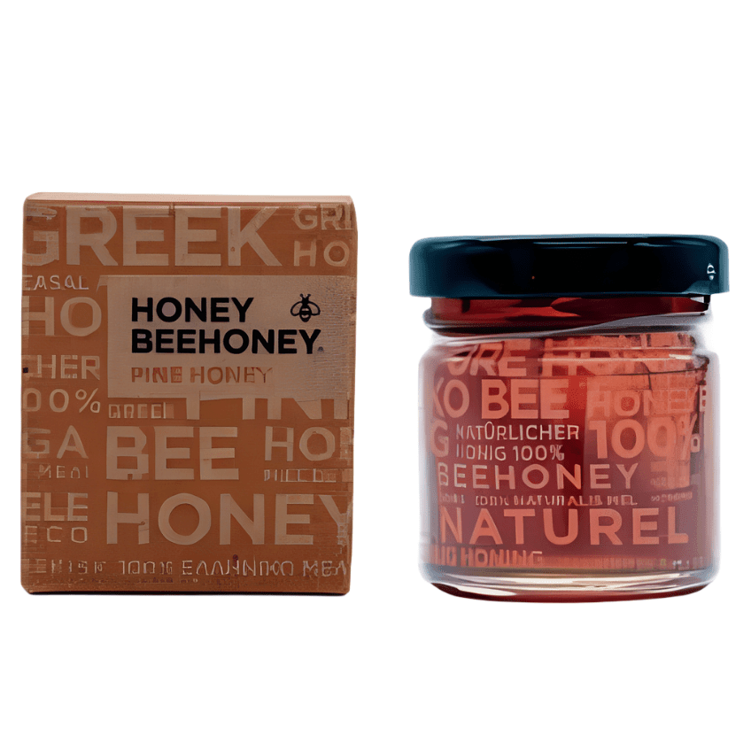 LV Natural Foods luxury pine honey superfood in a jar, showcasing the golden, natural honey with pine flavor for healthy eating.