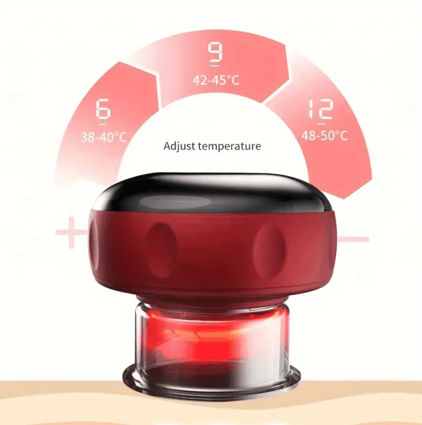 TEMU vacuum cupping massager with electric heating accessory showing cups and heating elements on a white background.