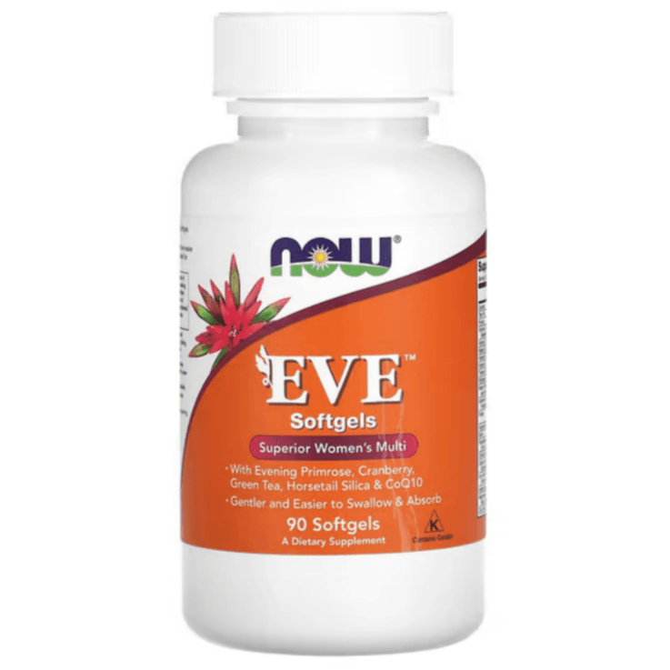 Bottle of NOW Foods EVE Superior Women's Multi softgels supplement with 90 softgel capsules, designed for women's health.