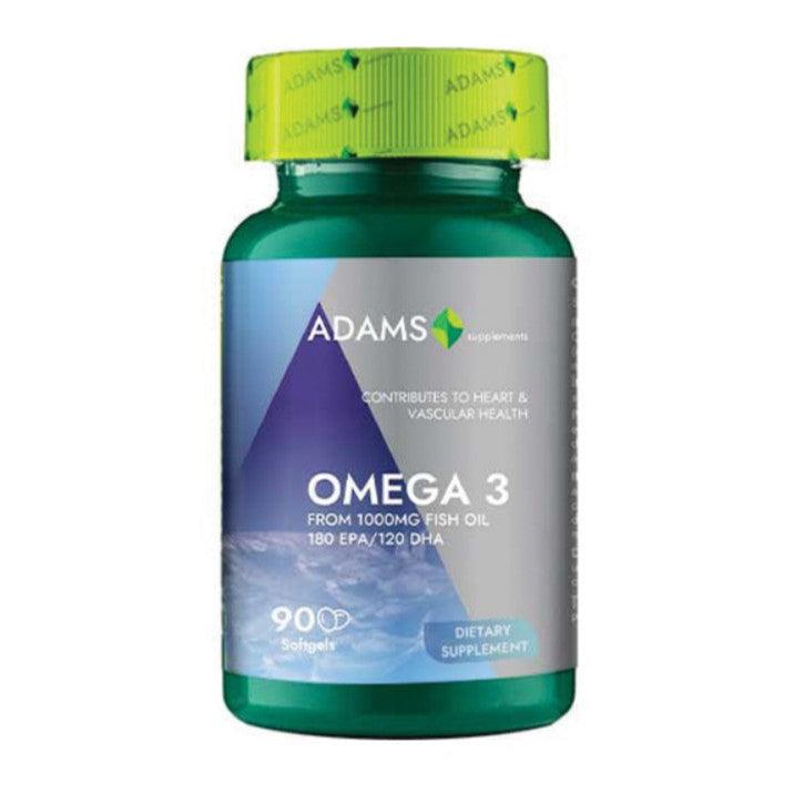 Bottle of Adams Supplements Omega3 1000mg softgel capsules, dietary supplement for heart and brain health.