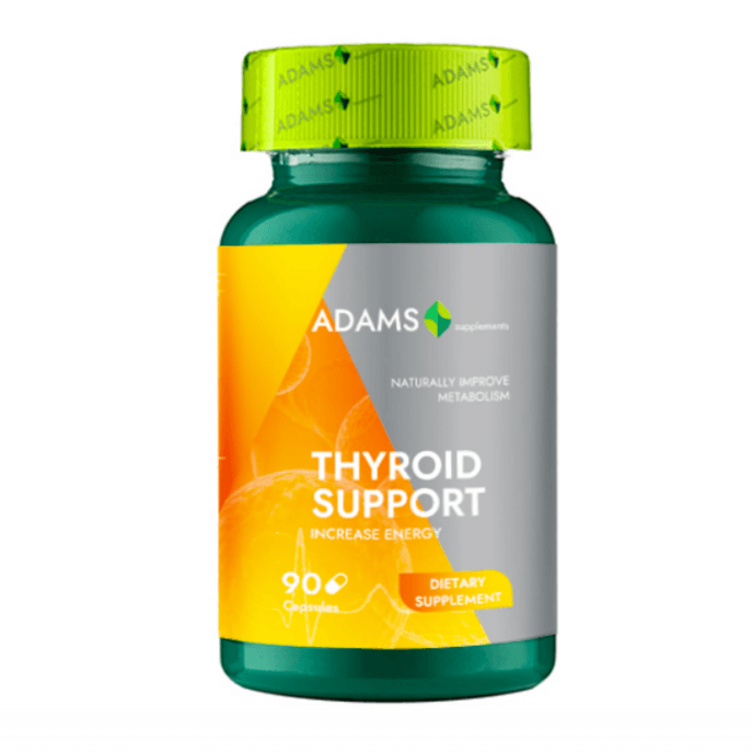 Bottle of Adams Supplements Thyroid Support capsules with label visible, showing 90 capsules in a clear container.