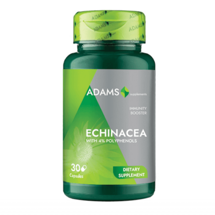 Bottle of Adams Supplements Echinacea 400mg capsules, dietary supplement for immune support, with 30 capsules in the bottle.