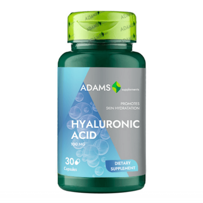 Adams Supplements hyaluronic acid 100mg supplement bottle with 30 capsules, shown in a clear image.