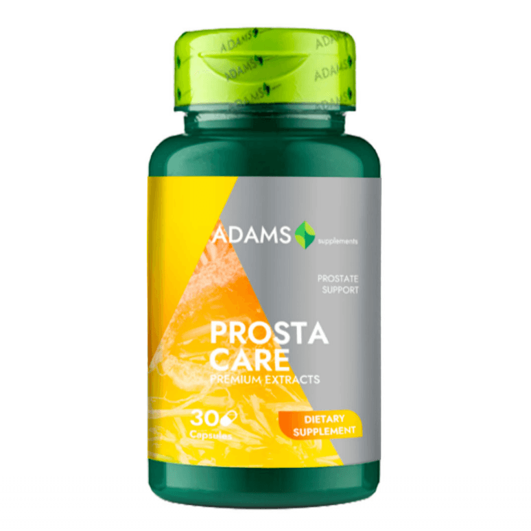 Adams Supplements ProstaCare supplement bottle with 30 capsules, featuring label details for men's prostate health.