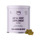 IMBY Hip & Joint dog supplement in a chewable tablet, showing the product packaging with the IMBY logo.