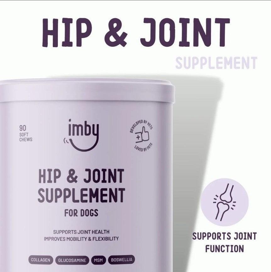 IMBY Hip & Joint dog supplement bottle with label showing product details and dosage instructions.