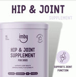 IMBY Hip & Joint dog supplement bottle with label showing product details and dosage instructions.