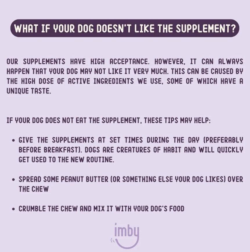 IMBY Hip & Joint supplement for dogs, showing the product packaging with a label highlighting joint support and hip health.