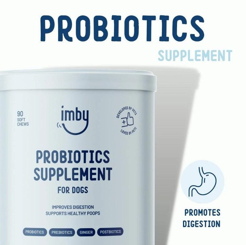 IMBY Probiotics for dogs, showing the supplement packaging with capsules and label details for digestive health support.