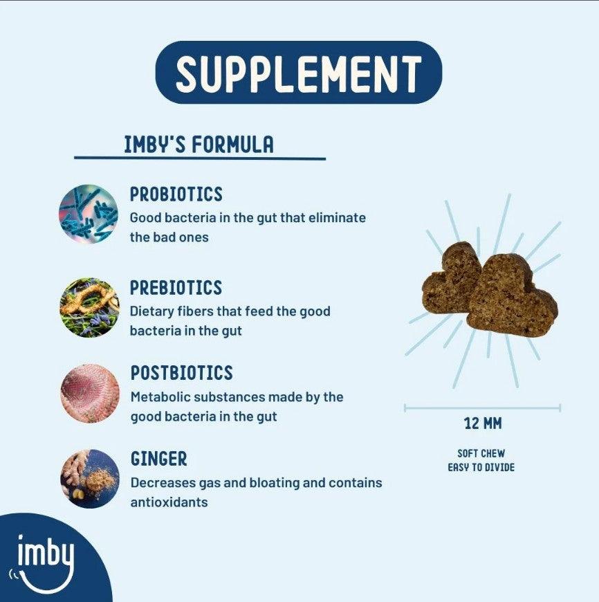 IMBY Probiotics for dogs showing a container of dog probiotic supplement with label and scoop, promoting digestive health.