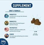 IMBY Probiotics for dogs showing a container of dog probiotic supplement with label and scoop, promoting digestive health.