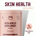 IMBY Skin Health dog supplement bottle with label, showcasing natural ingredients and branding for pet skin care.