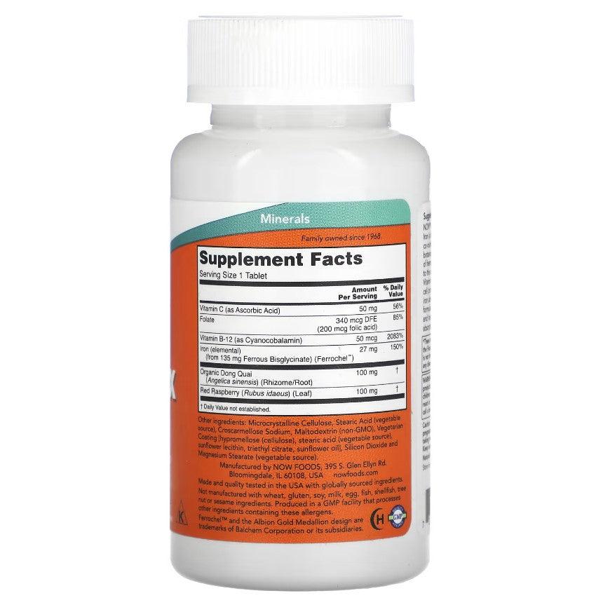 NOW Foods Iron Complex supplement bottle with 100 tablets, featuring the MKSTAVRINOS brand label and product information.