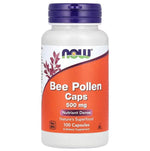 MKSTAVRINOS NOW Foods bee pollen capsules, 1,000 mg supplement, 100 softgel capsules with 500 mg bee pollen per capsule.