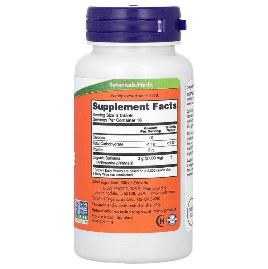 Old Products NOW Foods Certified Organic Spirulina supplement tablets, 3,000 mg, 100 tablets, blue-green algae nutritional supplement.