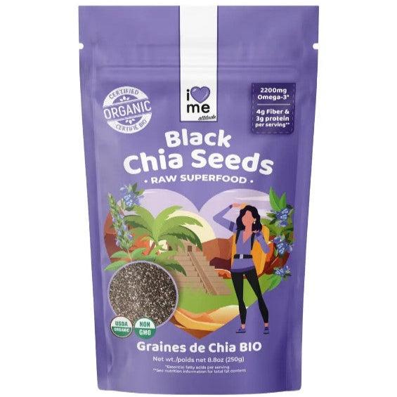 Organic raw black chia seeds in a 250g package from ILOVE ME, shown in a clear image.