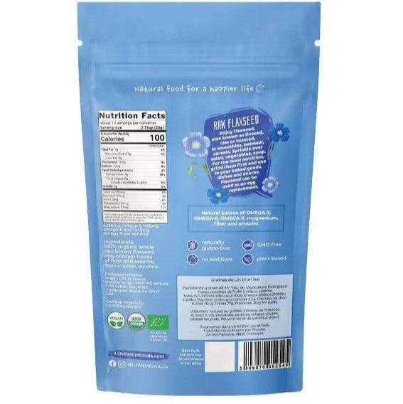 Organic flax seeds from ILOVE ME superfood brand in a 255g package, shown in a clear image.