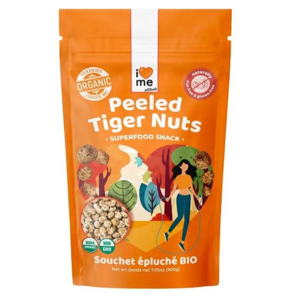 Organic peeled tigernuts from ILOVE ME, a superfood snack in a 200g package, shown in a clear close-up image.