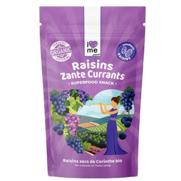 Organic Corinthian raisins from ILOVE ME in a 200g package, showing glossy, dark dried grapes on a white background.