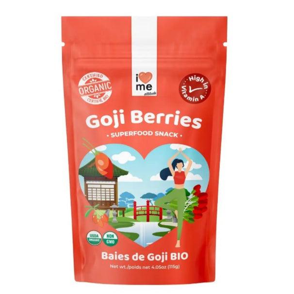 Organic dried goji berries in a 115g package from ILOVE ME superfood brand, shown in a clear close-up image.