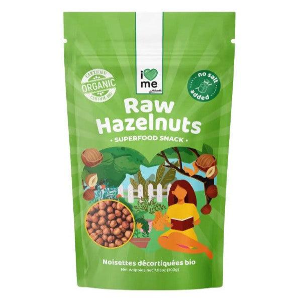 Organic raw shelled hazelnuts from ILOVE ME superfood brand, 200g, close-up of whole hazelnuts in a bowl