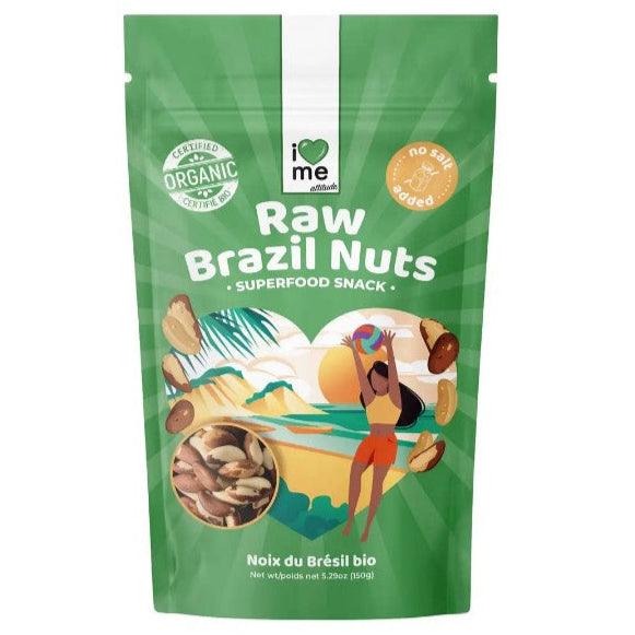 Organic raw Brazil nuts from ILOVE ME superfood brand, showing a close-up of the whole, unshelled nuts in a natural setting.