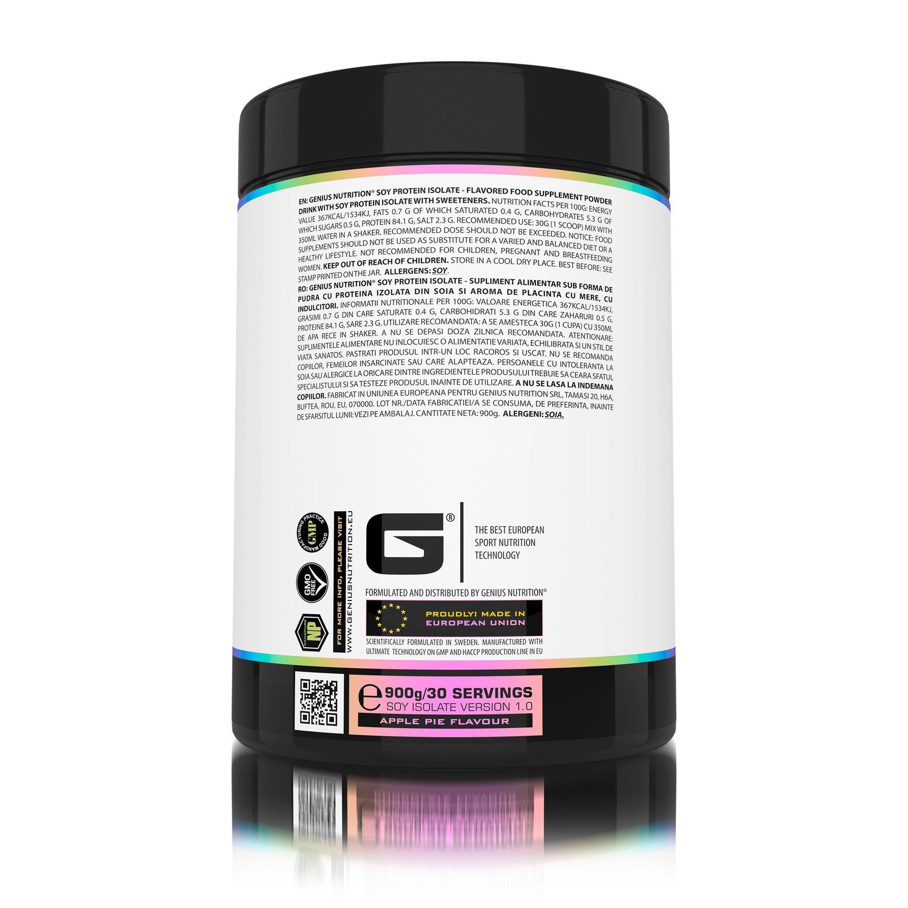Genius Nutrition Soy Protein Isolate powder in a 900g container, ideal for protein supplements, with apple pie flavor packaging.