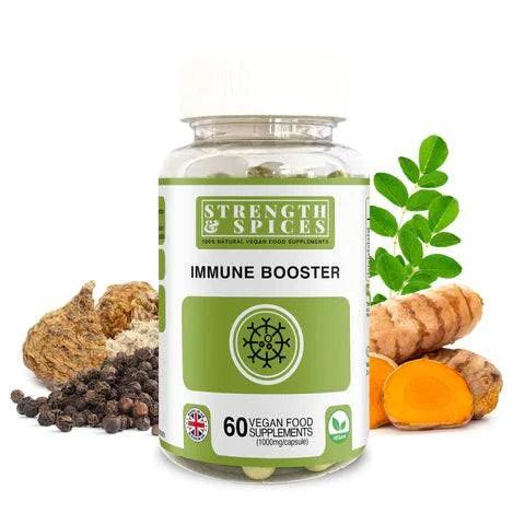Bottle of Strength & Spices Immune Booster supplement with 60 capsules, featuring a label with product name and branding.
