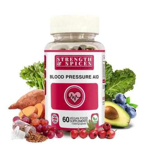 Blood pressure supplement by Strength & Spices in a bottle of 60 capsules, featuring natural spices for health support.