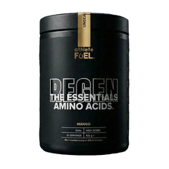 Athlete Fuel REGEN supplement container with 30 servings, featuring a vibrant label and sleek design in a studio setting.