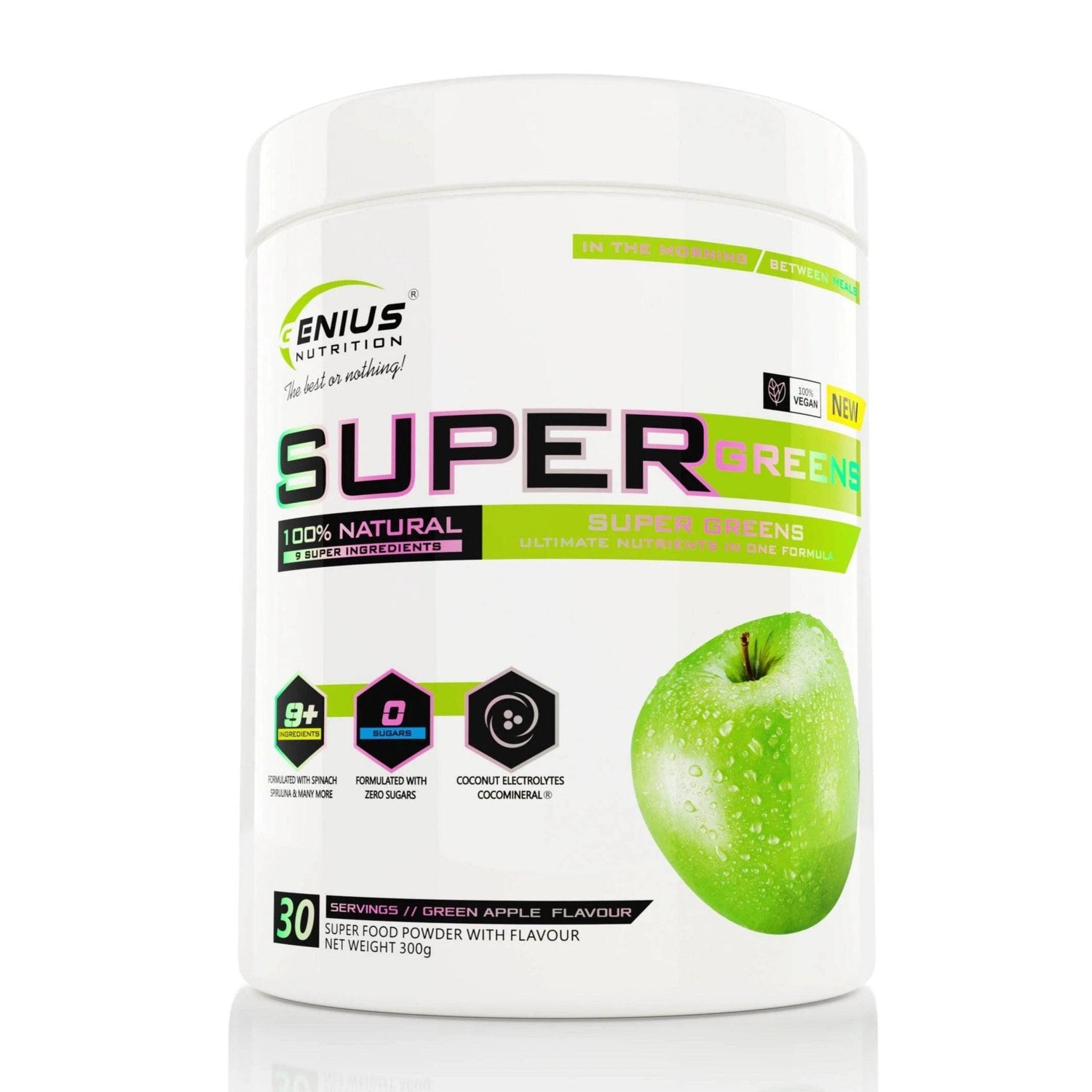 Super Greens superfood powder by Genius Nutrition in a 300g container, vibrant green powder for health and nutritional boosts.