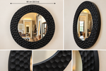 Decorative black carved round wall mirror with textured surface, 82 cm diameter, suitable for boho Indian style home decor.