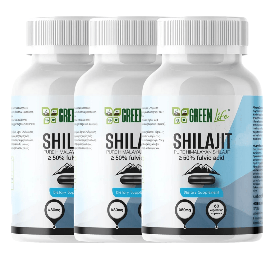 Green Life Cyprus Shilajit supplement in 90 veggie caps, showcasing green capsules with Himalayan power for natural health support.