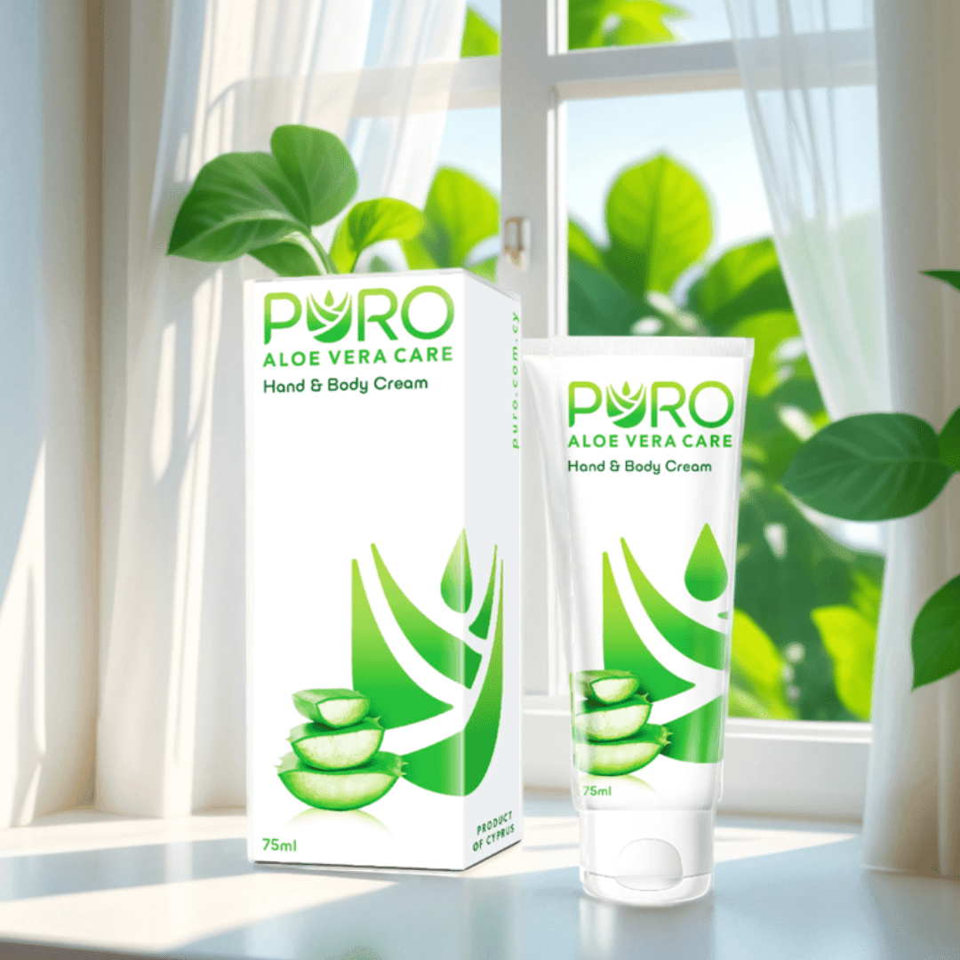 Puro Aloe Vera Care Hand and Body Cream 75ml, moisturizing cream in a white tube with green aloe vera imagery.