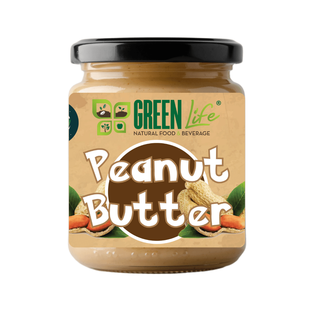 Green Life Cyprus peanut butter jar with label, showing creamy peanut spread inside the container.
