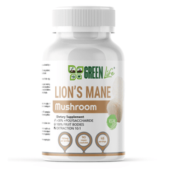 Green Life Cyprus Lion’s Mane Mushroom supplement bottle with 90 capsules, designed for cognitive and nervous system support.