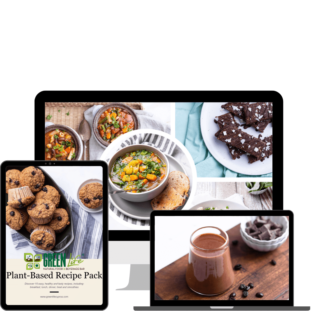 Green Life 15 Vegan Recipe Book Vol.1 by GREEN LIFE BOOKS, cover with green and white design, featuring plant-based recipes.