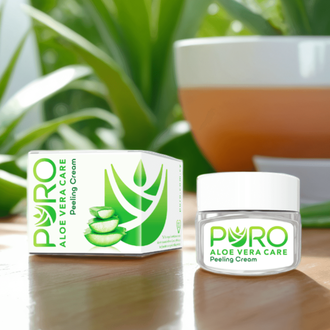 Puro Aloe Vera Peeling Cream 50ml jar showing the creamy texture and aloe vera ingredients for skin exfoliation and care.