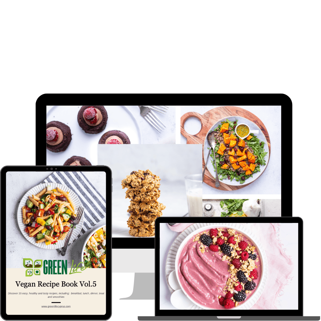 Green Life 15 Vegan Recipe Book Vol.5 by GREEN LIFE CYPRUS, featuring colorful pages and plant-based recipes.