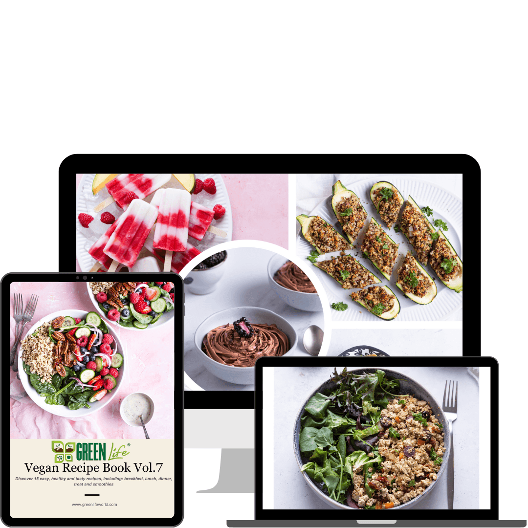 Green Life 15 Vegan Recipe Book Vol.7 by GREEN LIFE BOOKS, featuring colorful pages of plant-based recipes and vibrant vegan dishes.